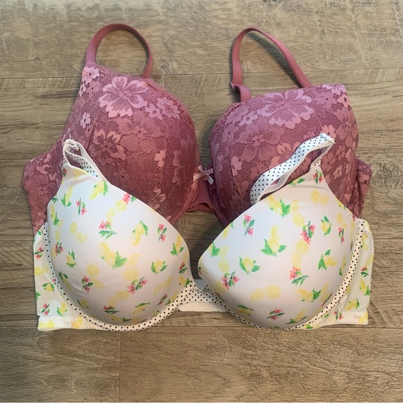 Victoria Secret Bundle 2 Bras Lace Perfect Shape Lemon Print Push Up - Picture 13 of 13